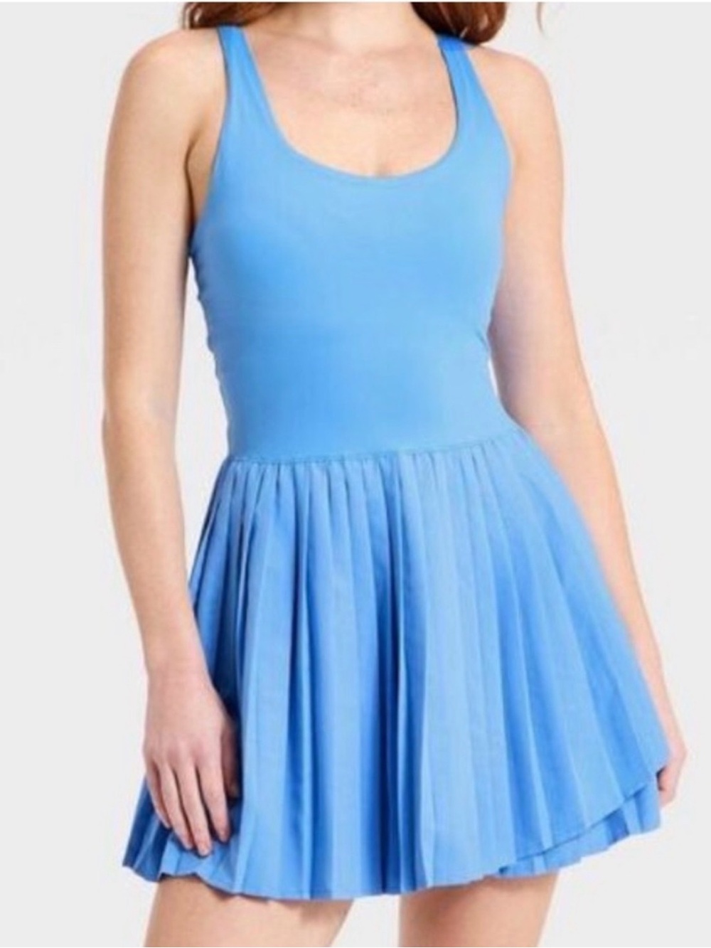 Blue Pleated Scoop Neck Women's Dress